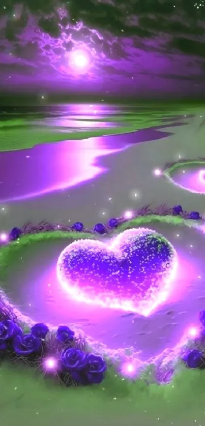 Romantic beach scene with glowing purple hearts in the sand at night.