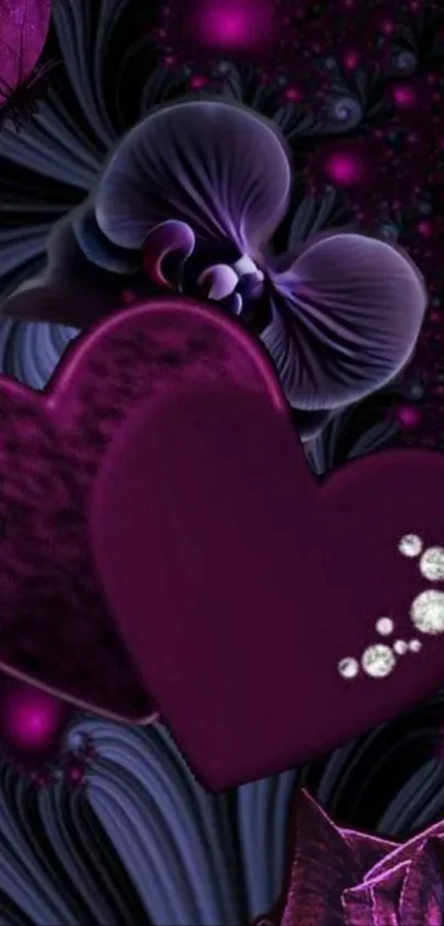 Romantic purple heart wallpaper with elegant floral designs.