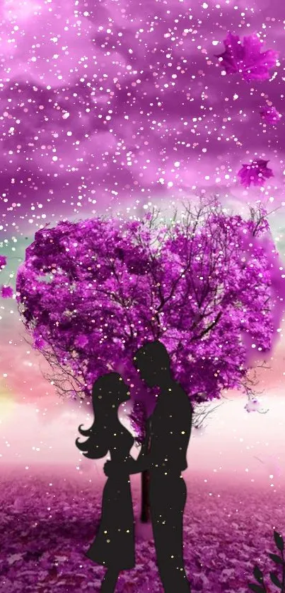 Silhouette couple with purple tree heart under a dreamy sky.