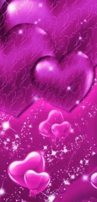 Romantic mobile wallpaper with purple hearts and sparkles.