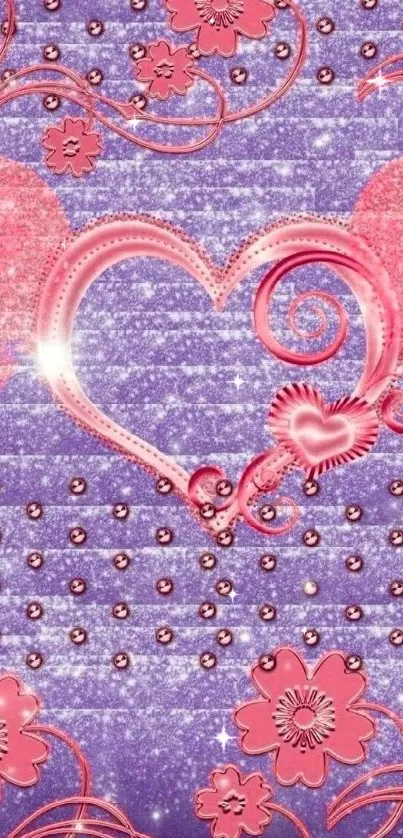 Romantic purple and pink heart wallpaper with floral designs and glitter accents.