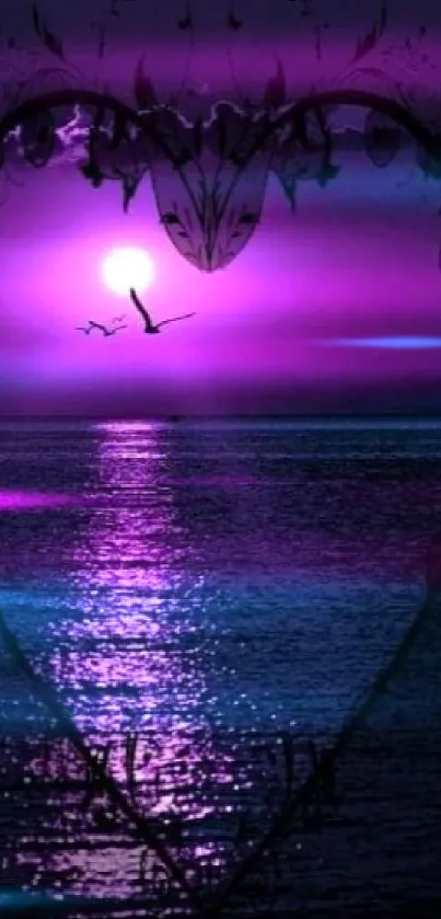 Purple ocean view with heart silhouette and flying birds at twilight.