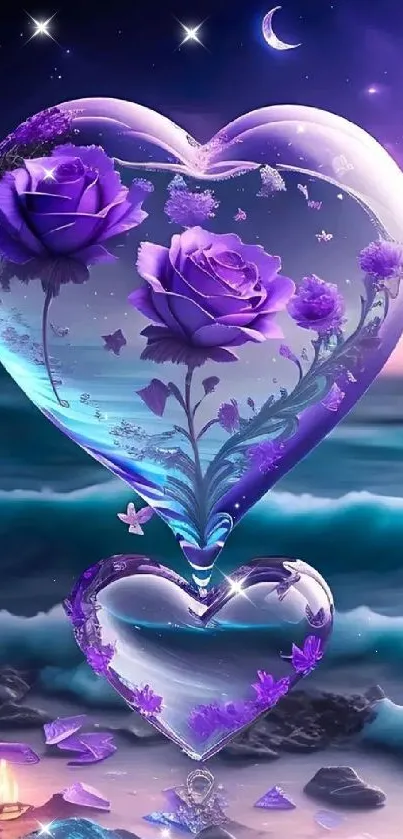 Enchanting purple rose heart with ocean background.