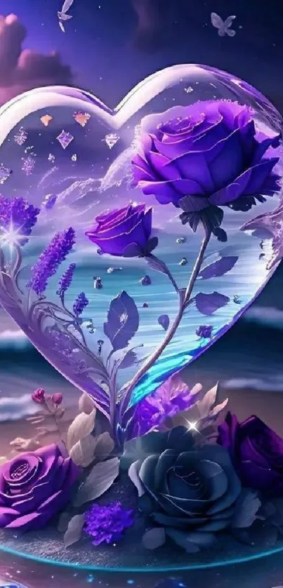 Heart-shaped glass with purple roses on a serene beach.