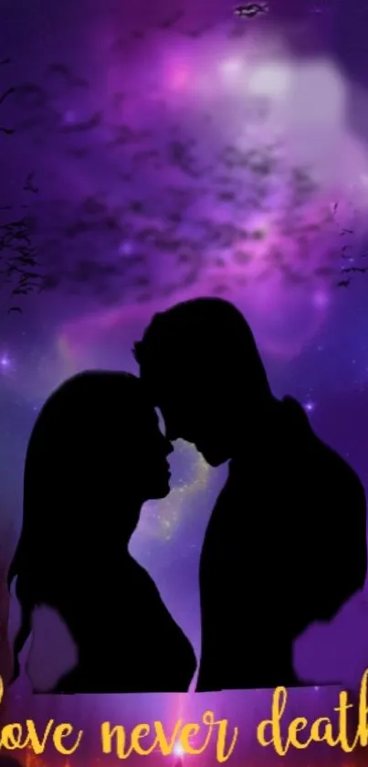 Silhouetted romantic couple against cosmic purple sky with love quote.