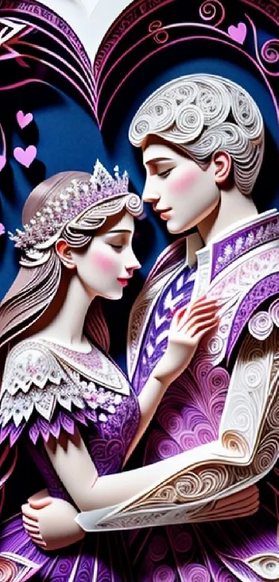 Intricate quilling art of a romantic couple on a colorful wallpaper.