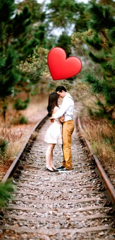 Romantic couple on a railway track with heart symbol.