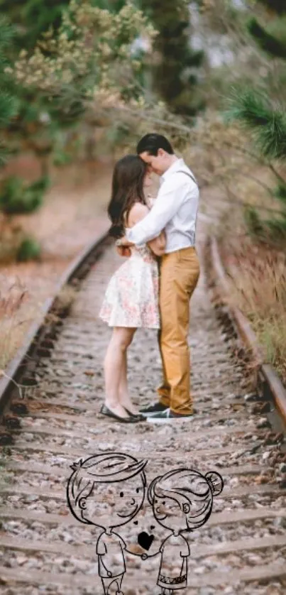 Couple embraces on railway with nature and cartoon sketch.