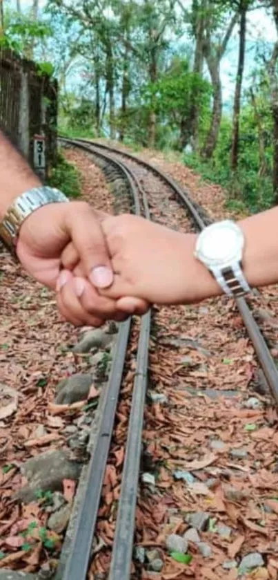 Couple holding hands on railway track in forest.