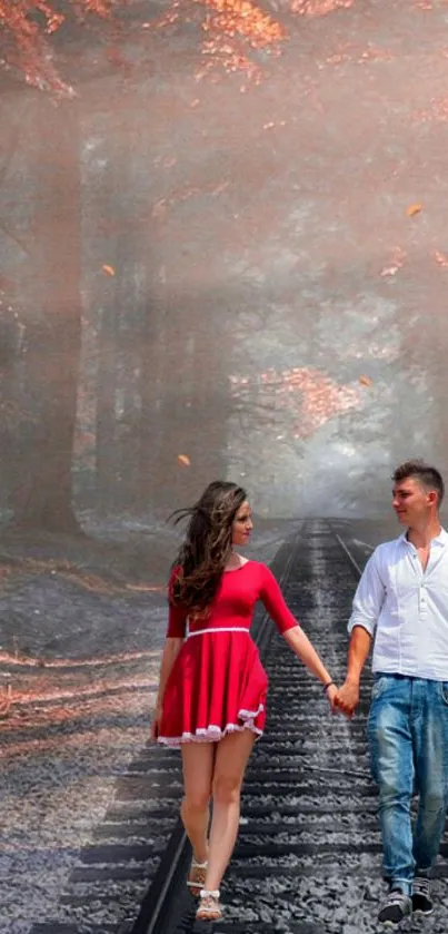 A couple walking on railway tracks in a romantic forest setting with autumn leaves.