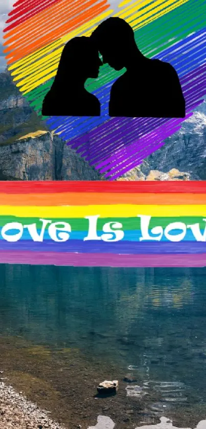 Rainbow heart over mountain with Love is Love text.