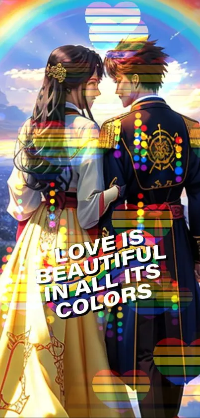 Romantic couple under a rainbow showcasing love in all its colors.