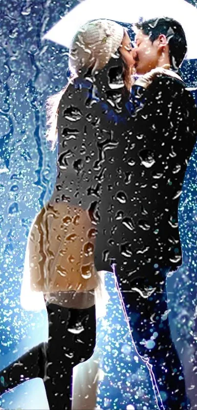 Couple kissing in the rain with raindrop effect, blue-themed wallpaper.