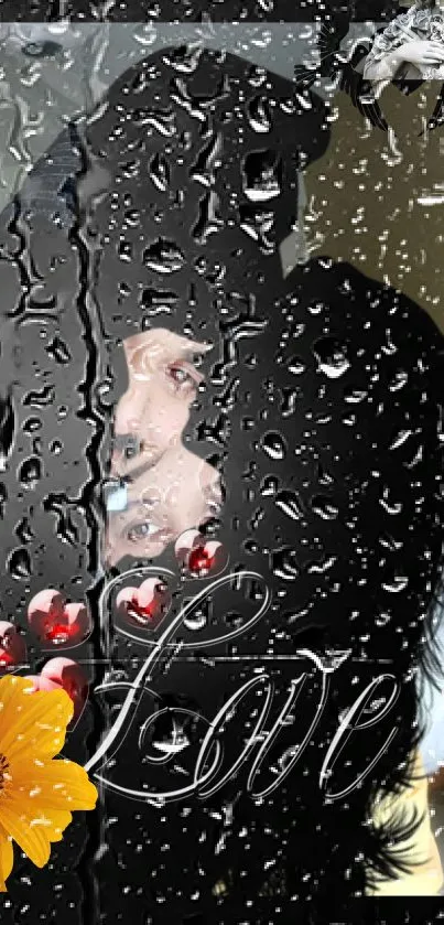 Romantic couple behind raindrop-covered glass with love theme.