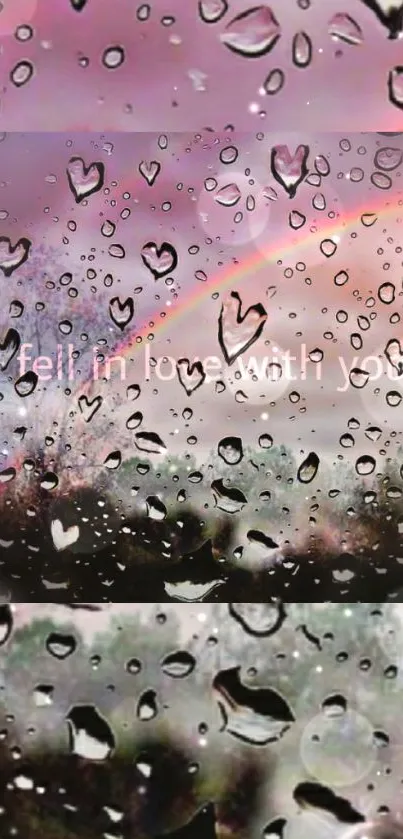 Romantic mobile wallpaper with raindrops and a rainbow.