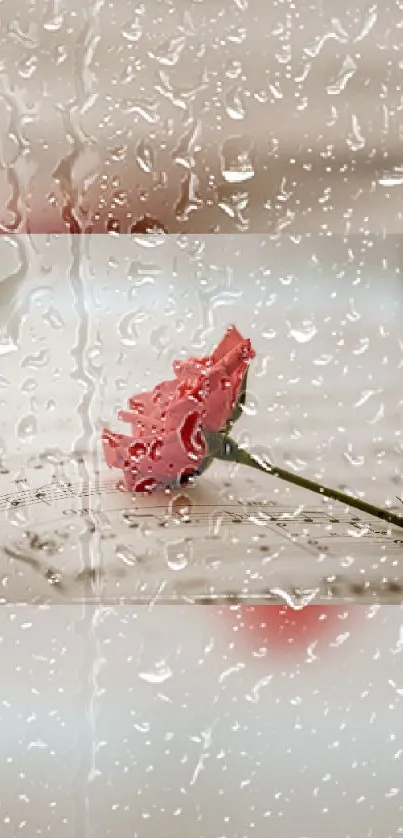 Red rose on music sheet with raindrops effect.