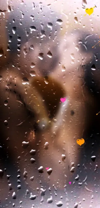 Romantic blurry couple through raindrop-covered glass.