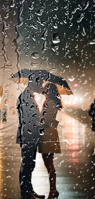 Couple under an umbrella on a rainy city street at night.