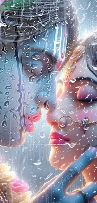 Romantic couple in artistic rainy scene wallpaper.