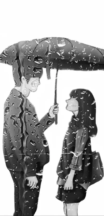 Black and white art of a couple under an umbrella in rain.