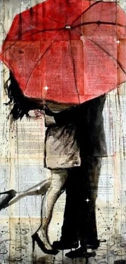 Couple kissing under red umbrella in rain.