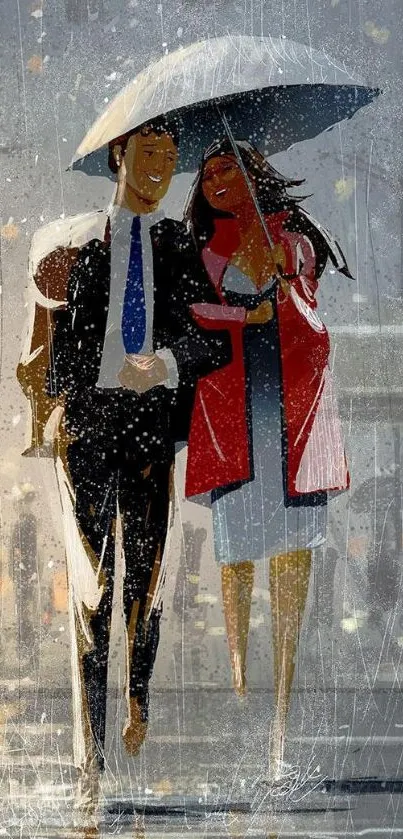 Artistic illustration of a couple walking in the rain under an umbrella.