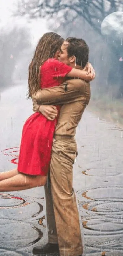 Couple embracing in the rain under a moonlit sky.