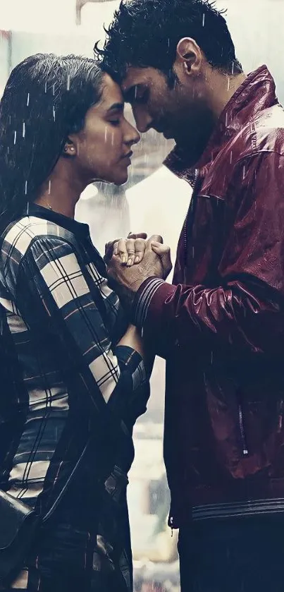 Romantic couple embracing under the rain.