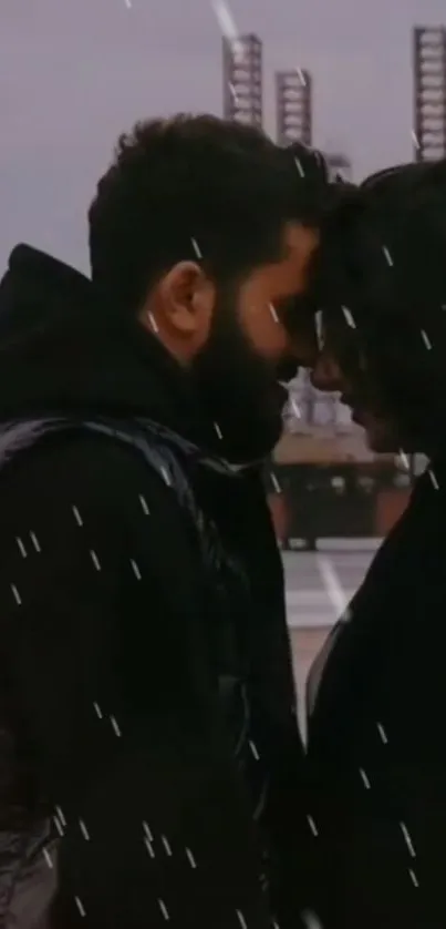 A romantic couple embraces under rain.