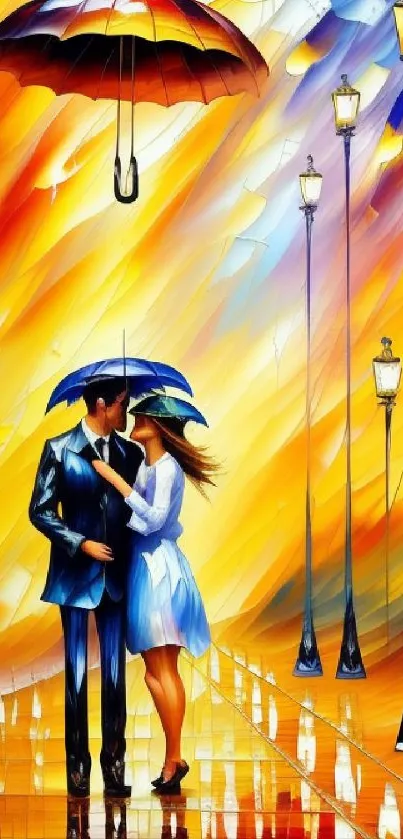 Romantic couple with umbrellas on a vibrant, colorful rainy street.