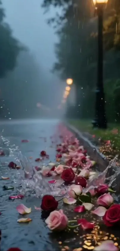 Red rose petals on wet street with streetlights in the rain.