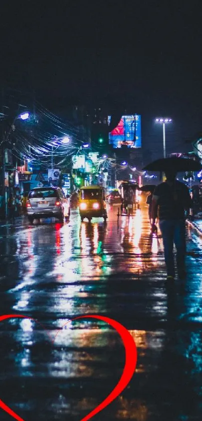 Romantic rainy street with neon lights and heart.