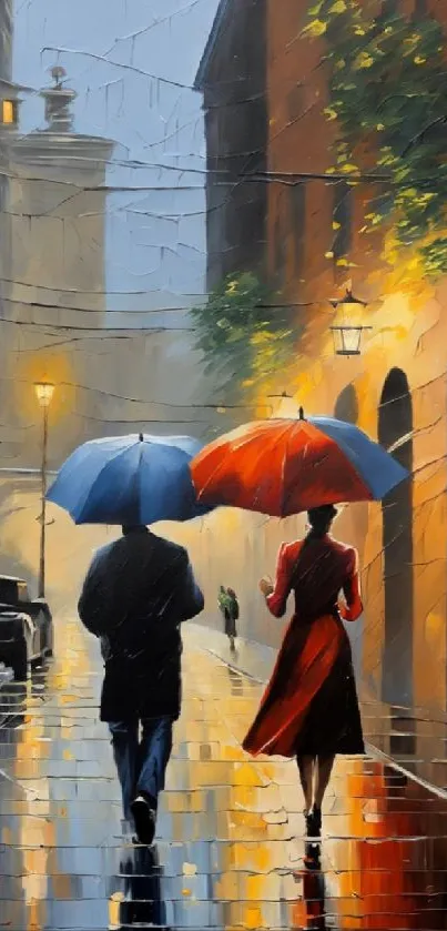 Couple walking under umbrellas on a rainy street at night.