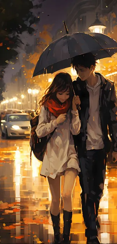 Couple walking under umbrella on rainy street with warm streetlights.