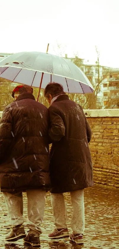 Couple walking under an umbrella on a rainy street.