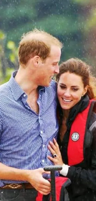 Romantic couple walking in rain with greenery.