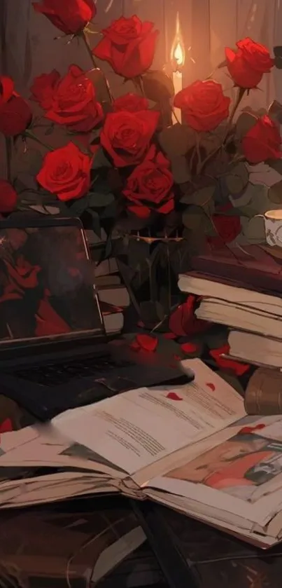 Cozy reading nook with roses, books, and candlelight.