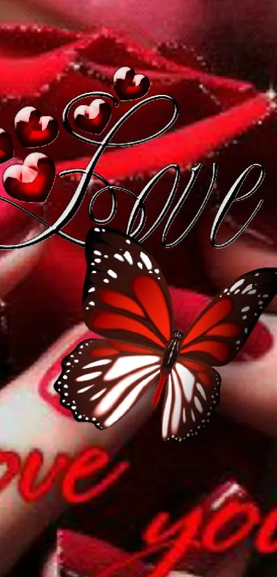 Romantic wallpaper with a red butterfly on roses.