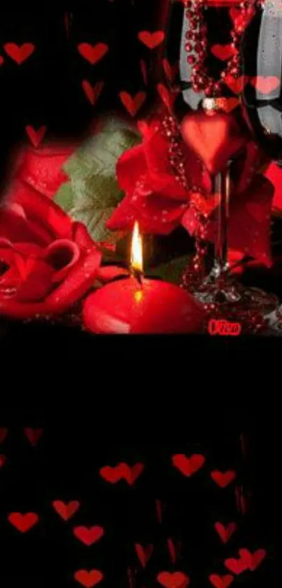 Romantic red candle and roses with wine glasses wallpaper.