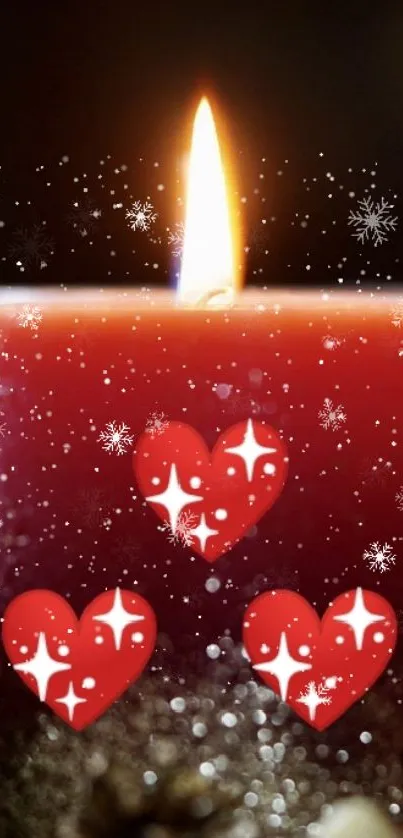 Romantic red candle wallpaper with hearts and sparkles.