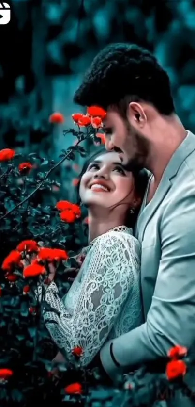 Romantic couple with red flowers in a teal-toned garden.