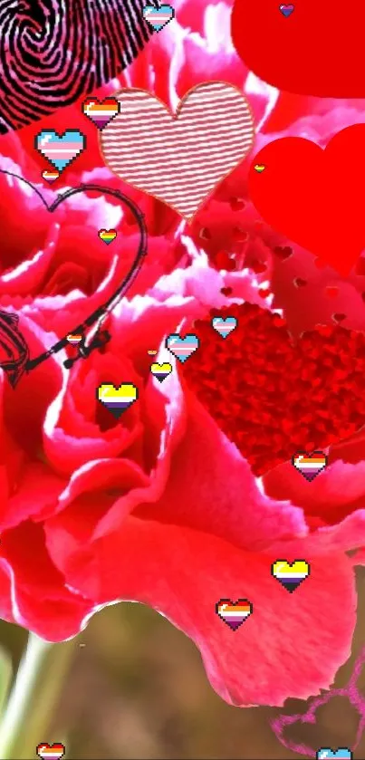 Red flower with heart designs mobile wallpaper.