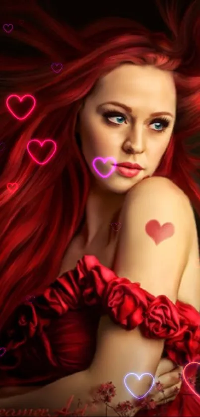 Woman with red hair and heart motifs, romantic mobile wallpaper.