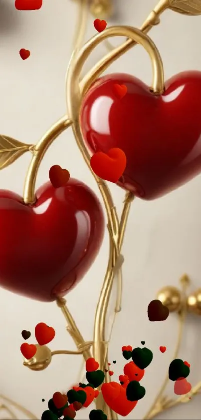 Romantic wallpaper with red hearts and gold vines.