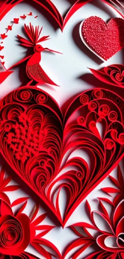 Intricate red heart paper art design with romantic and decorative elements.