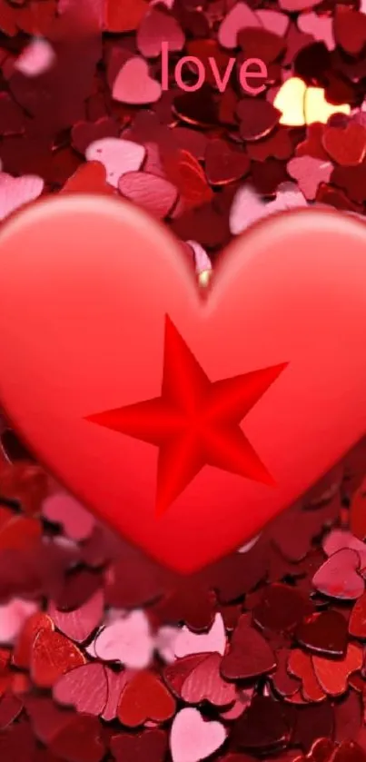 Romantic red heart with star on scattered hearts background.