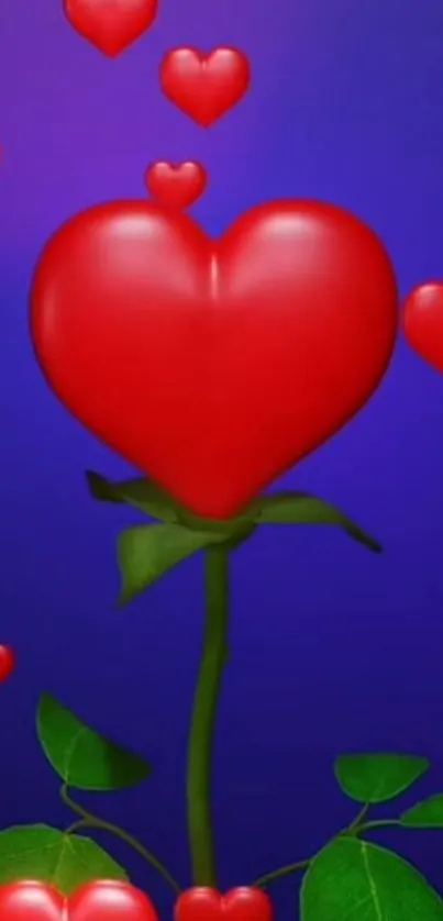 Red heart-shaped flower with blue backdrop.