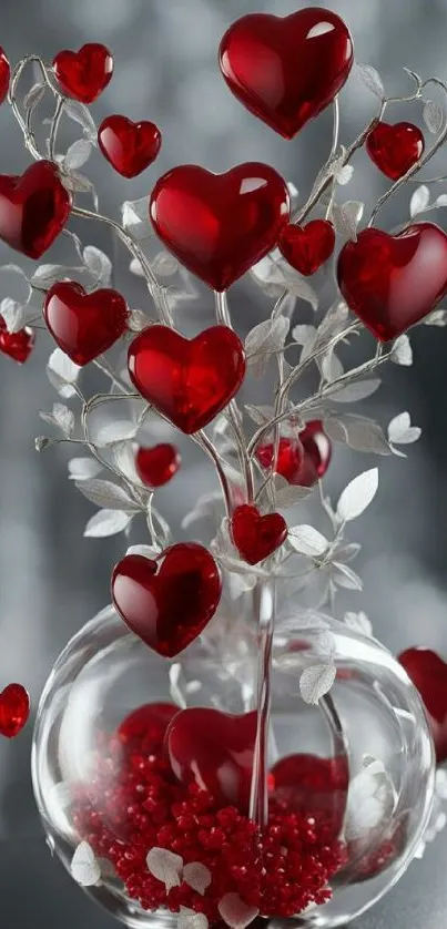 Vase with decorative red hearts and silver leaves