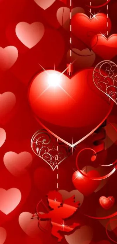 Romantic mobile wallpaper with red hearts and cupid.