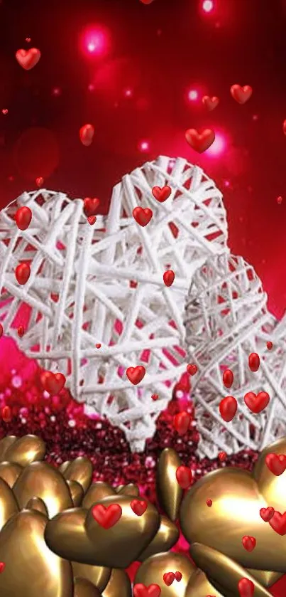 Romantic red wallpaper with glowing hearts.